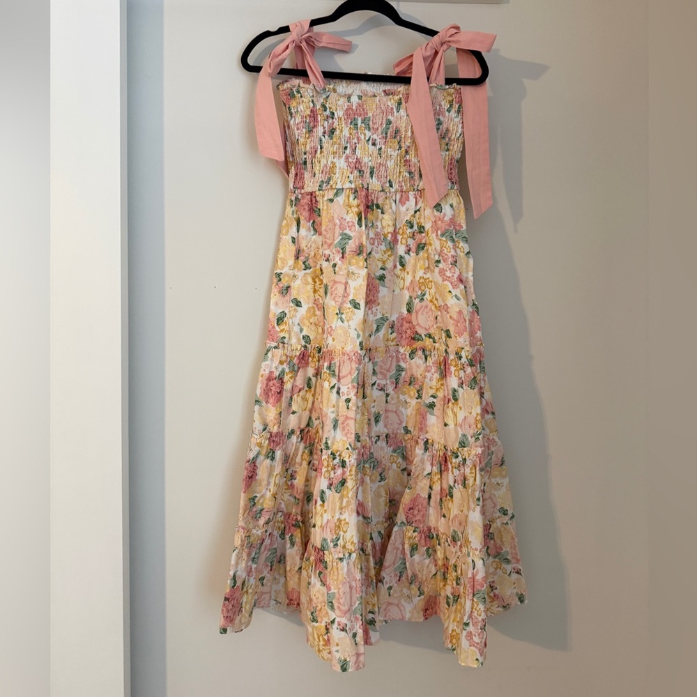 Storia Pink and Yellow Floral Tiered Maxi Dress with Tie Straps